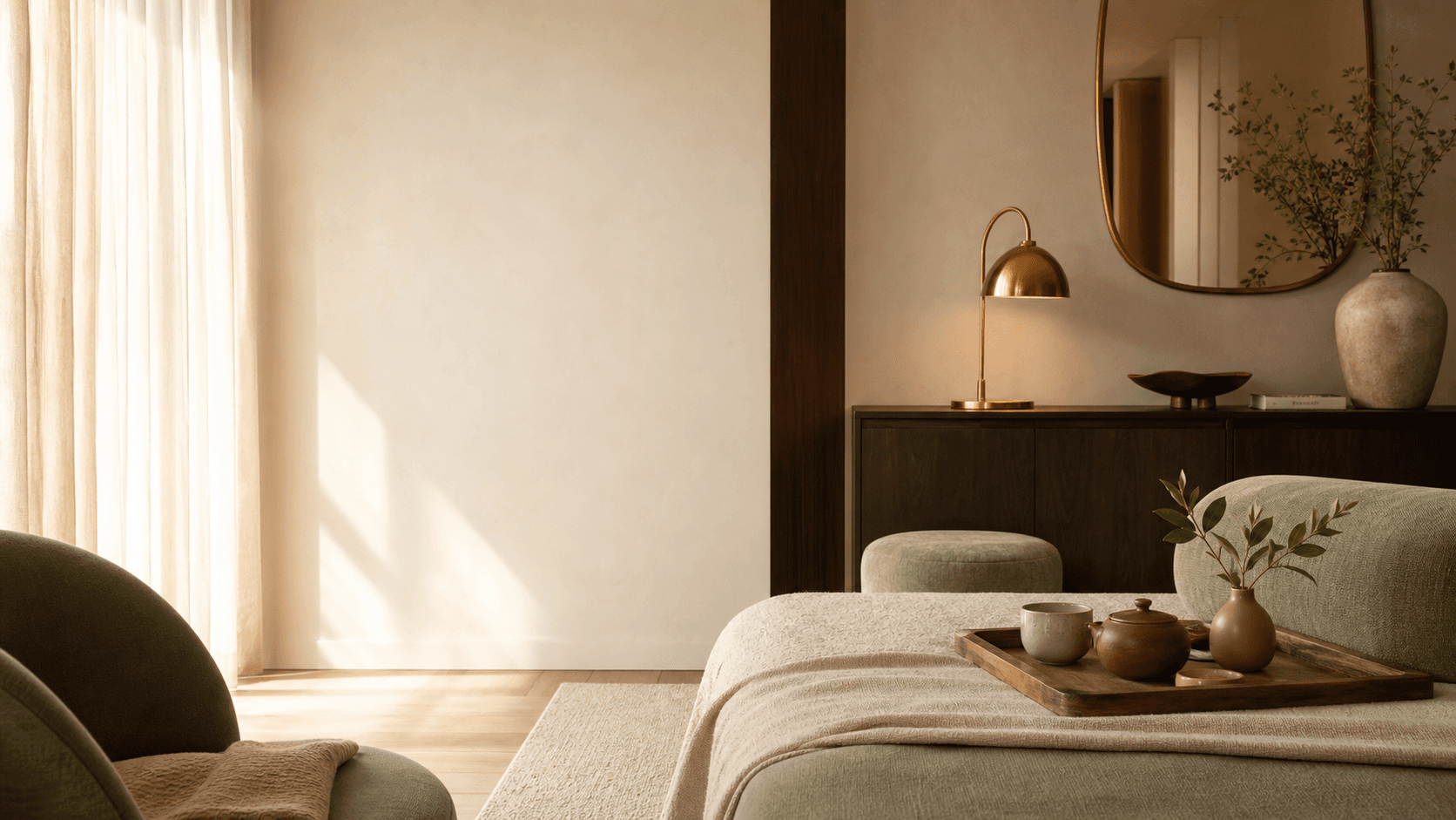 A warm private wellness lounge with soft seating and calm natural light